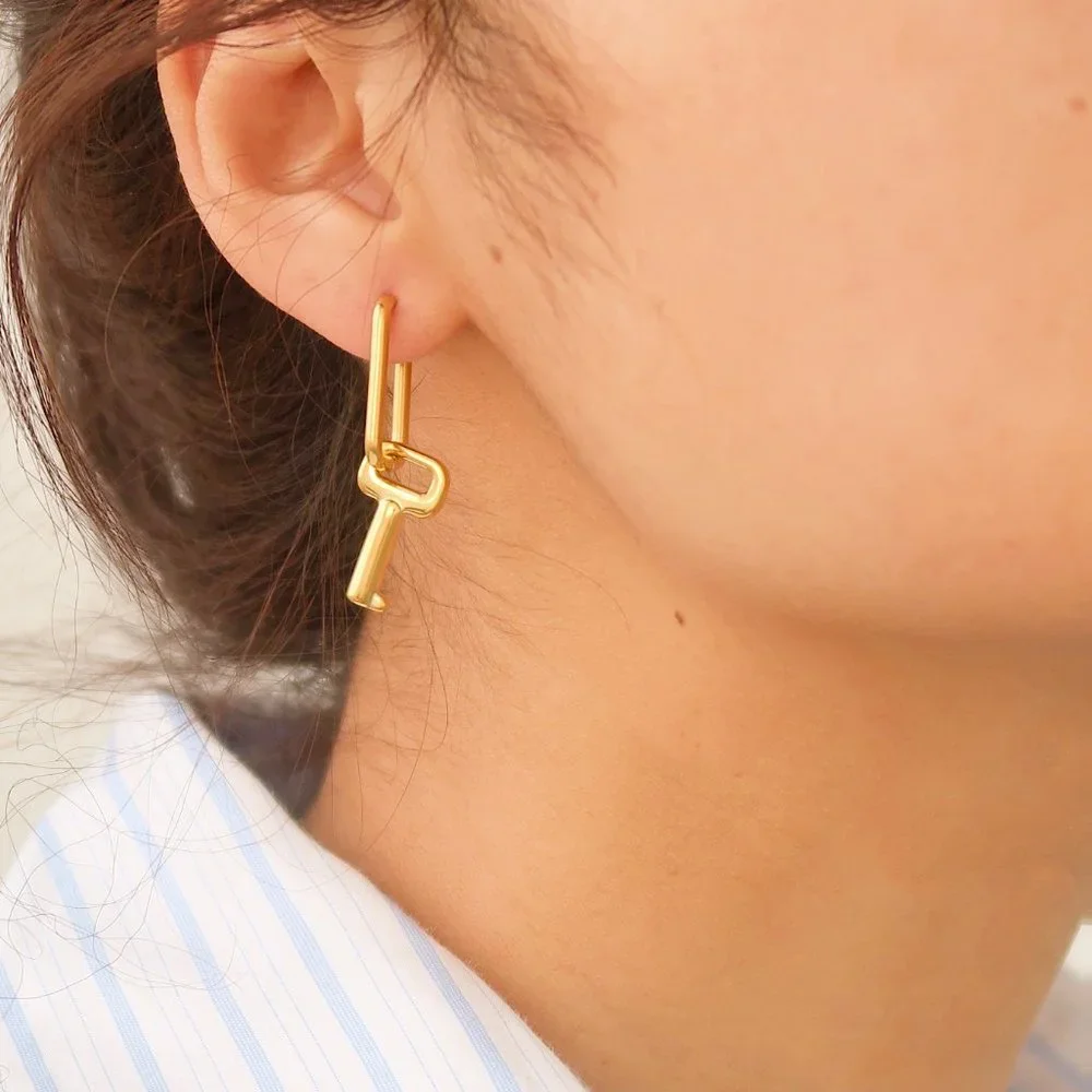 NEW 18K Gold Plated Key Drop Hoop Earrings